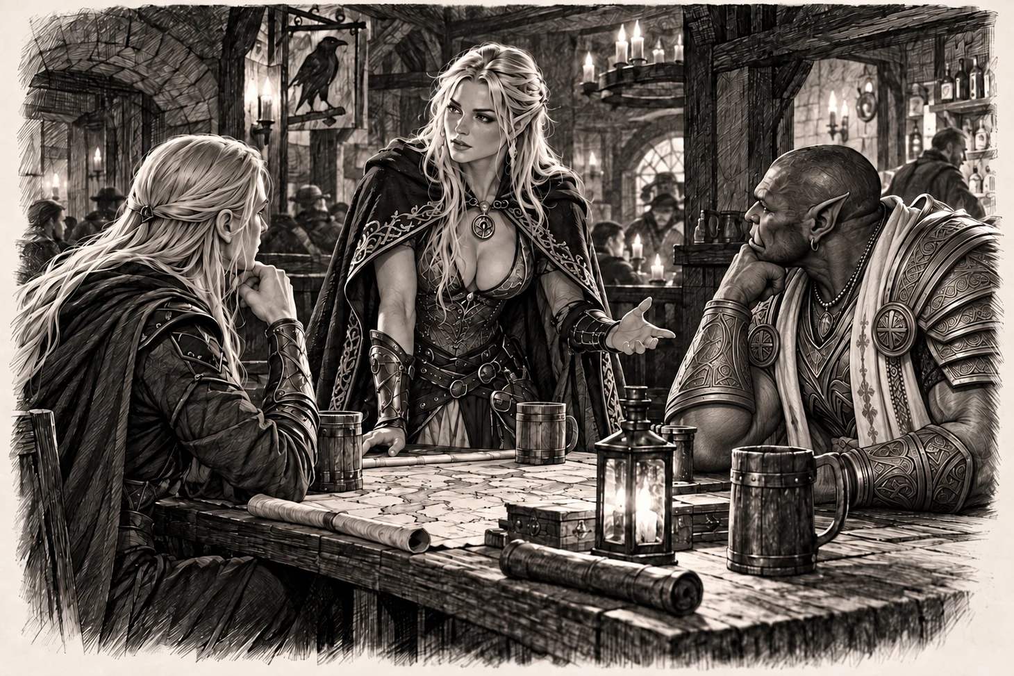 Aseria, illustrazione in bianco e nero ambientata nella locanda, con tre personaggi attorno al tavolo.
