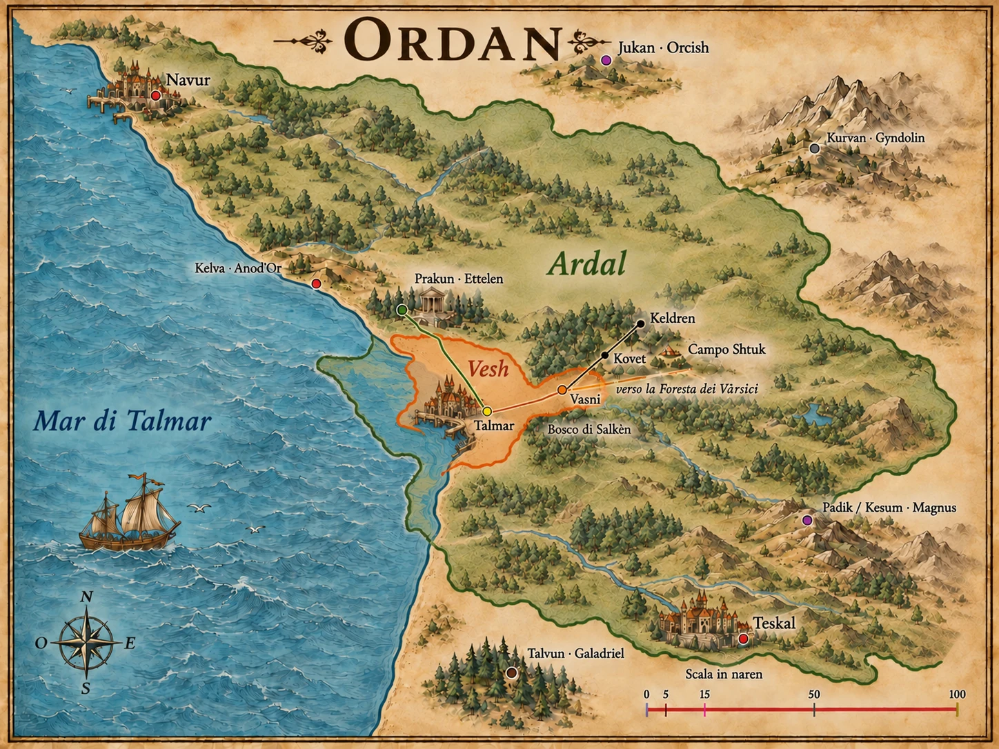 Mappa canonica di Ordan: Talmar, la Marca di Vesh, Ardal, Navur, Teskal e altri luoghi